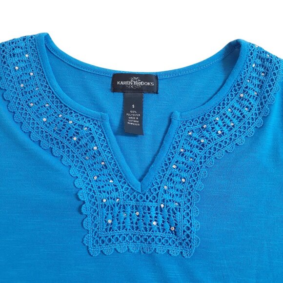 Karen Brooks Tops - Karen Brooks Top Womens Small Blue Crochet Trim Sequins 3/4 Sleeve